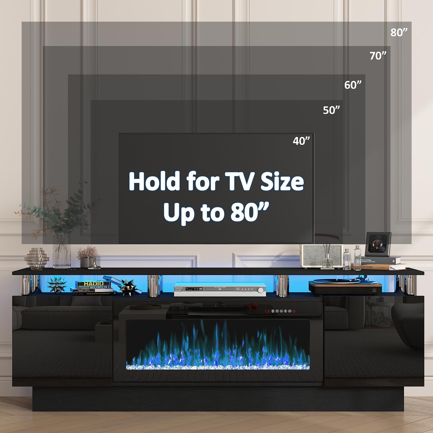 PUKAMI 70" Fireplace TV Stand, LED Light Entertainment Center with 36" Electric Fireplace, 2 Tier Modern Wood Media TV Console with Highlight Storage Cabinet for Living Room, Black