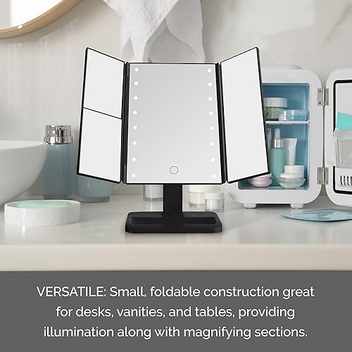 Miniatura 4 de Elements Espejo de tocador LED de tres pliegues, 3 aumentos y luces LED regulables, negro, 7.09 x 4.69 x 11.61 pulgadas