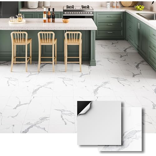 ATOPOSE Vinyl Tiles Peel and Stick Floor 30-Pack 12 x 12 inch（Covers 30 Sq. Ft） — White Marble Vinyl Flooring, Self-Adhesive Waterproof and Easy DIY for Bathroom Kitchen Basement RV