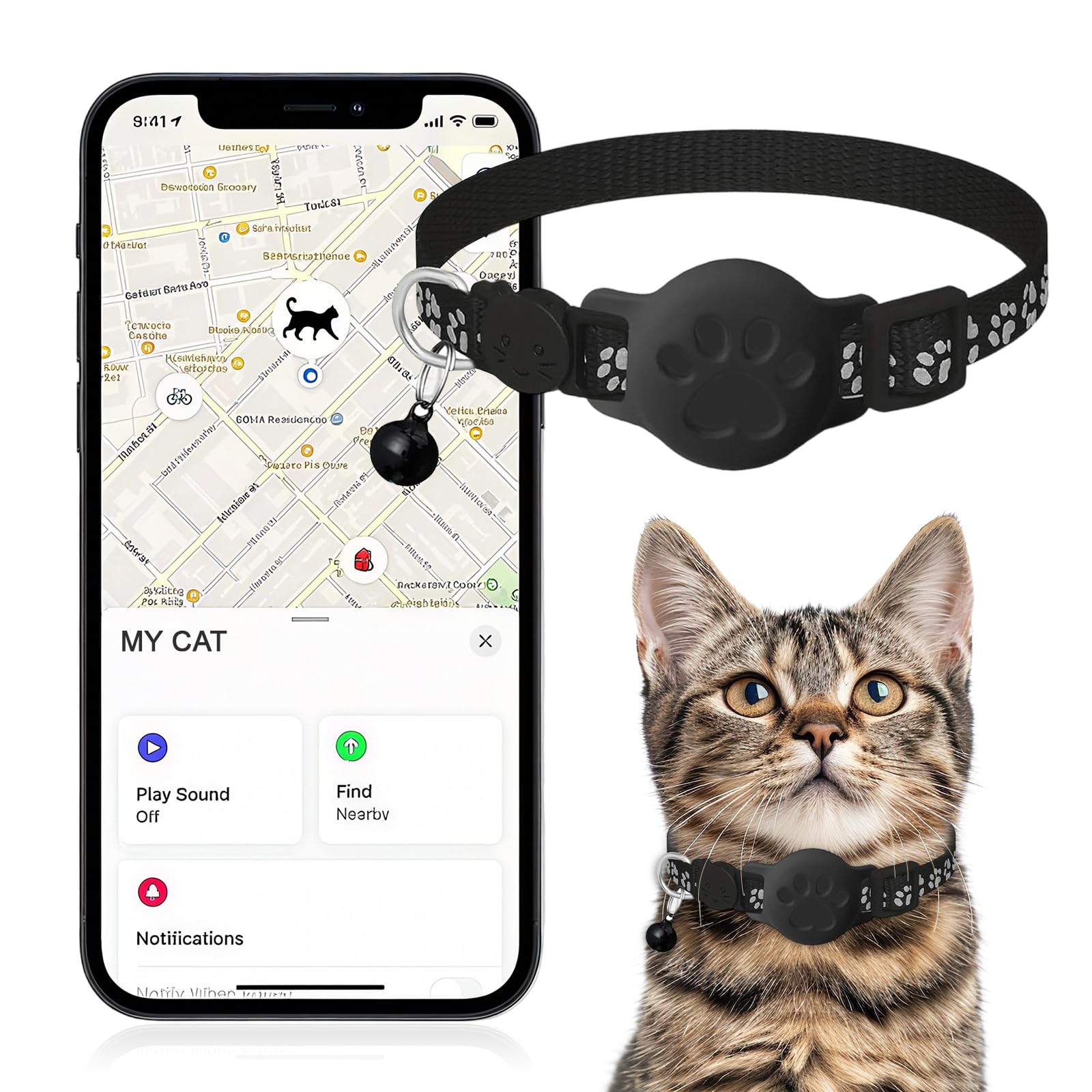 Cat Tracker GPS Collar for Small Cats (Only 𝗶𝗢𝗦), Waterproof Electronic Pet Locator Compatible with 𝗔𝗽𝗽𝗹𝗲 𝗙𝗶𝗻𝗱 𝗠𝘆 - No Monthly Fee, Hidden Smart Tracking Collar for cats, kittens