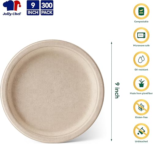 Miniatura 2 de JOLLY CHEF Platos 100% compostables resistentes de 9 pulgadas (paquete de 125) platos de papel blanco desechables ecológicos hechos de bagazo