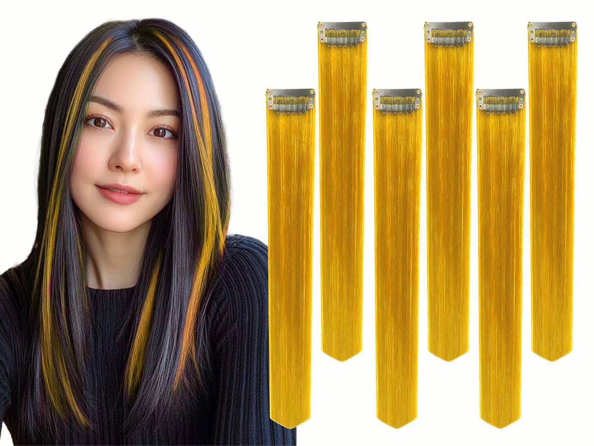 Paradise®Gold Hair Extensions 22 inches, Pack of 6 Clip-based Straight Colored Hair Streaks for Women & Girls, Party Funky Synthetic Hair Patches