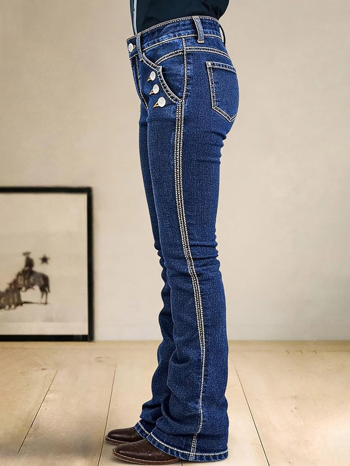 Flamingals Bootcut Mid Waist Dual Wash Button Decor Jeans for Women Butt Lifting Denim Pants - Image 4