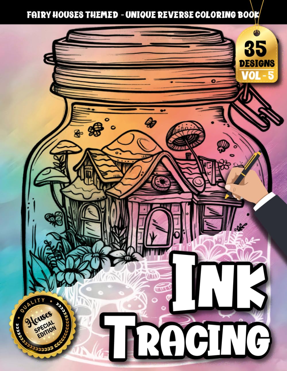 Ink Tracing Book For Adults: Whimsical Fairy Houses in Bottles With Watercolor Scenes for Relaxing Line Tracing (Fairy House Series)