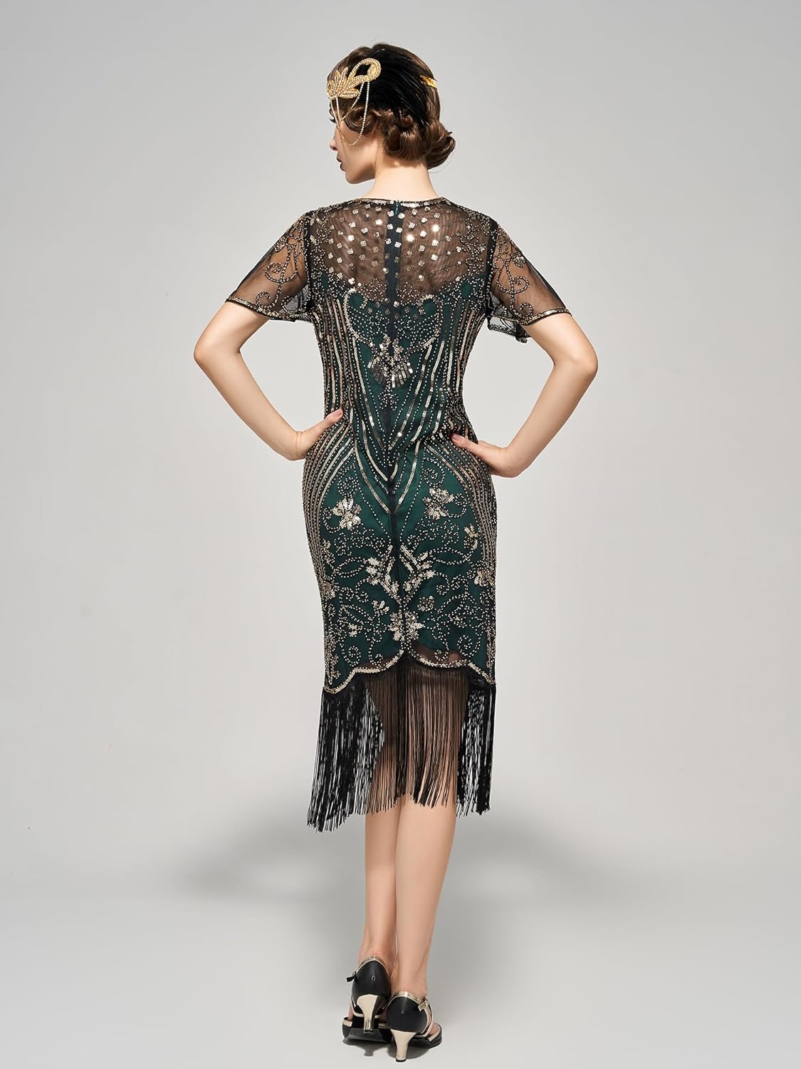 SWEETV Flapper Dresses 1920s Dresses for Women,Crew Neck Great Gatsby Dresses with Sleeve Roaring 20s Dress for Harlem Nights - Image 2