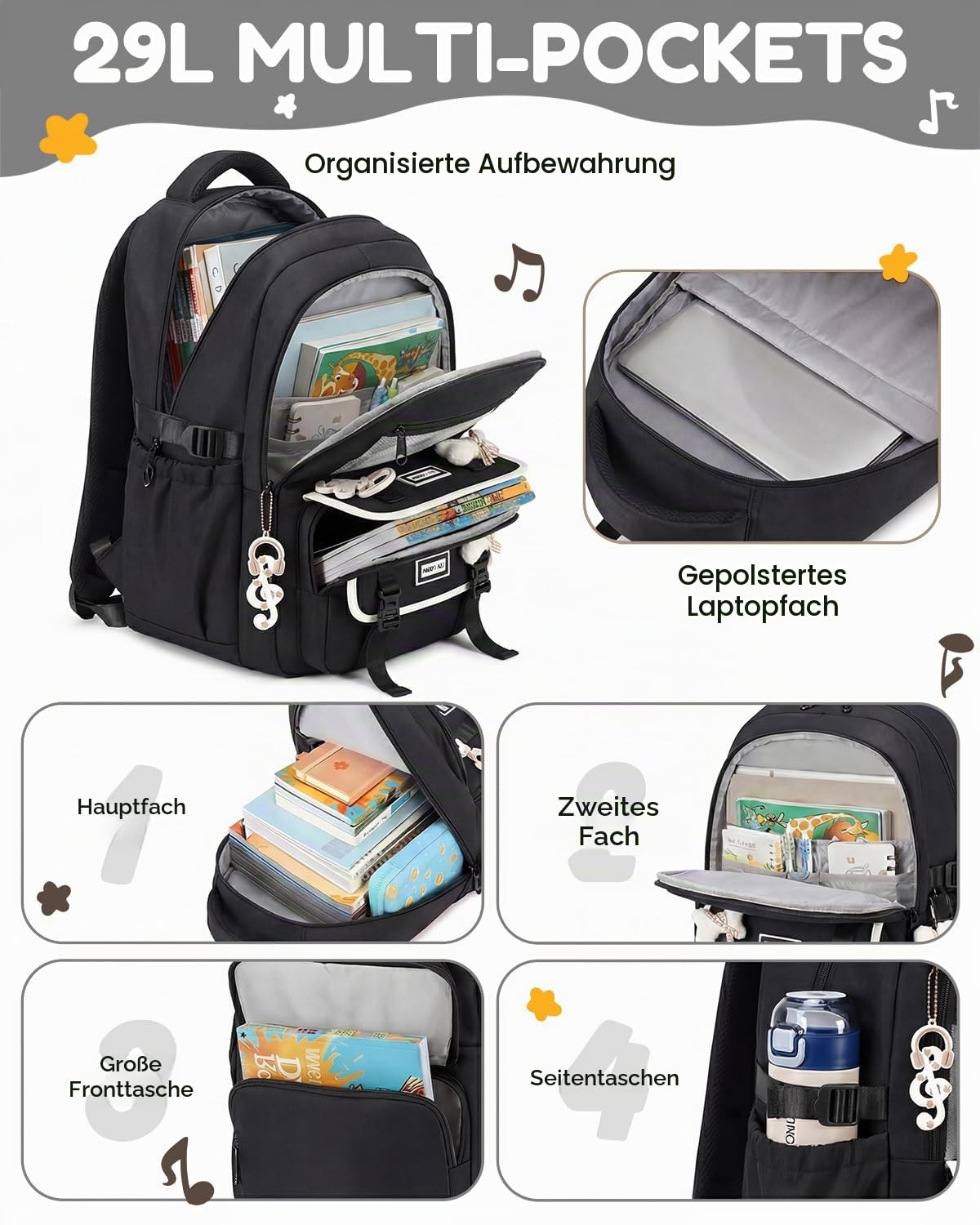 Amythe Schulrucksack Mädchen Teenager 3. - 9. Klasse für Schule, Reisen