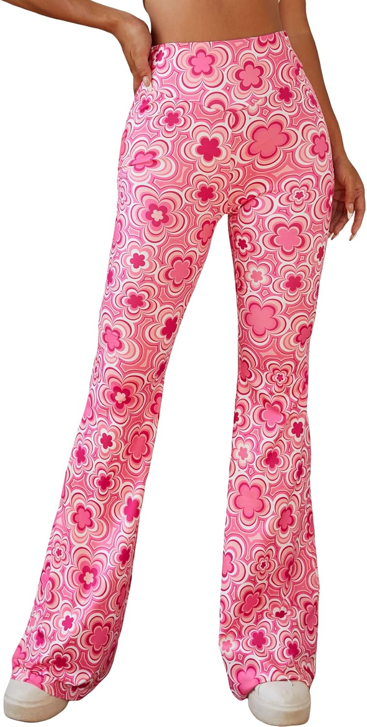OYOANGLE Women's Floral Print High Waist Yoga Pants Wide Leg Pants Bell Bottom Trousers