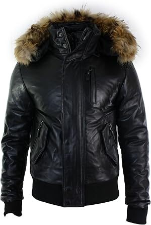 TruClothing Mens Bomber Jacket Outwear Windproof Winter Puffer Real Leather Jackets Coat Fur Hood