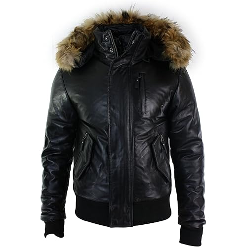 TruClothing Men's Bomber Jacket Outwear Windproof Winter Puffer Real Leather Jackets Coat Fur Hood
