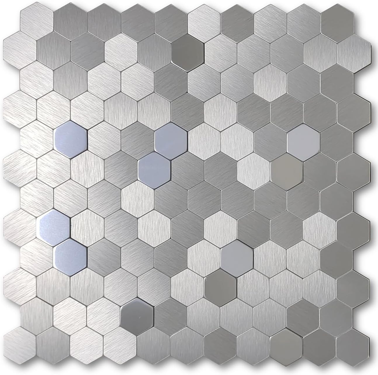 Peel and Stick Tiles for Kitchen, Self-Adhesive Metal Backsplash Tiles, 6 Pack 11" Silver Aluminum Surface, 3D Metal Stick on Backsplash for Stove