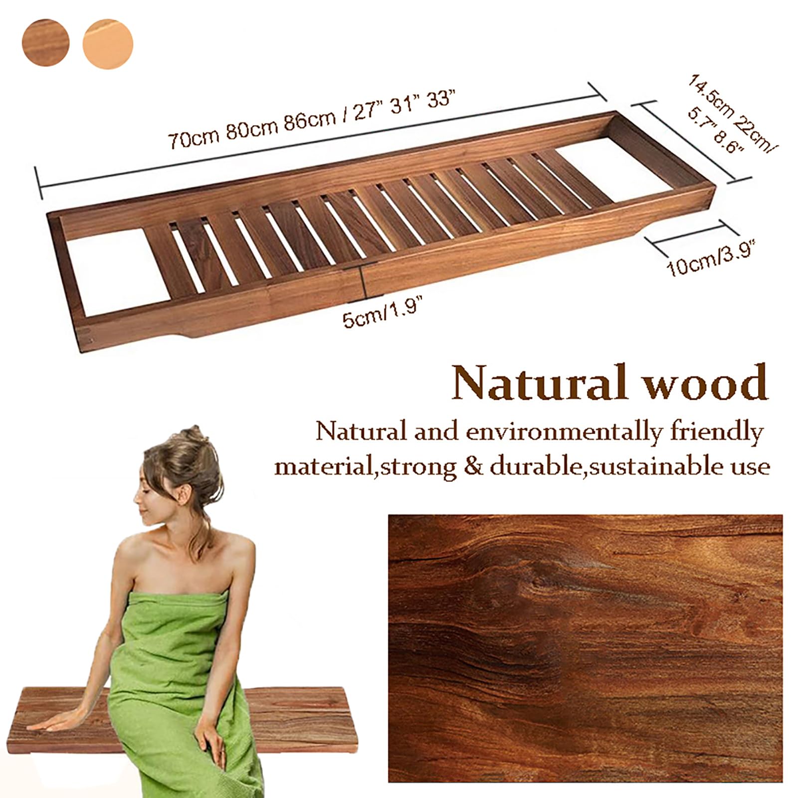 Bandeja de madera para bañera, de nogal, bandeja de mesa grande, soporte de listones largos, estante versátil, accesorios, regalo de spa para mujer