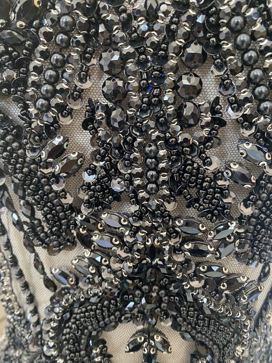 Handmade Crystal on lace Applique Sewing Rhinestones Fringe Beads Sequins Patches Trim Luxury Decoration Accessories for Wedding Dress 15X23.6inches (Black)