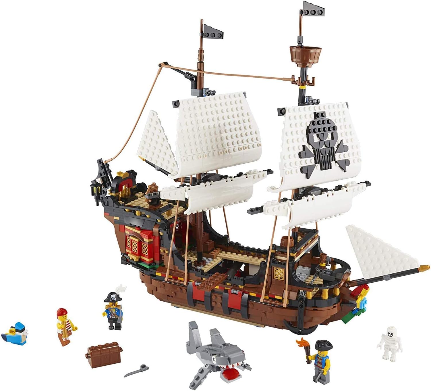 Creator 3 in 1 Pirate Ship Building Set, Kids can Rebuild The Pirate Ship into an Inn or Skull Island, Features 4 Minifigures and Shark Toy, Makes a Great Gift for Kids Ages 9+ Years Old, 31109