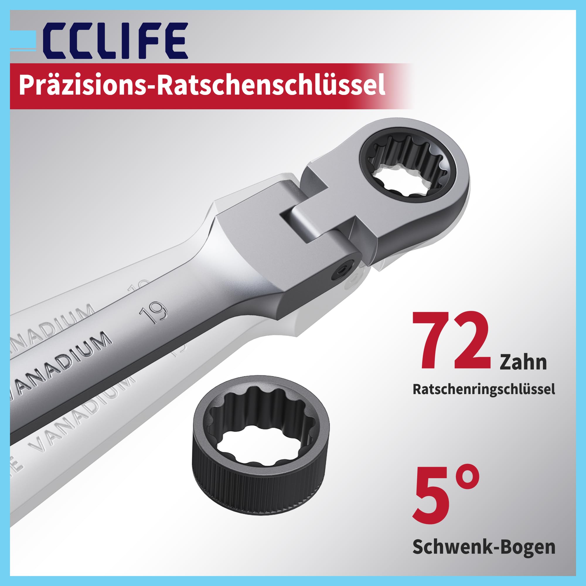 CCLIFE Set di 14 chiavi a cricchetto snodate, chiavi a cricchetto ad anello da 6-22 mm, Cr-V 72 denti, set di attrezzi per riparazione auto, flessibile a 180°, con custodia inclusa