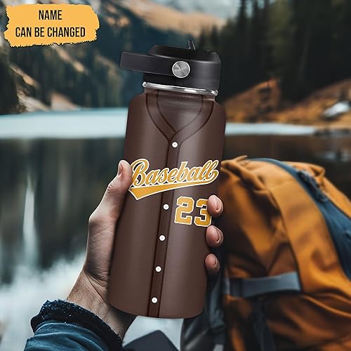 Vista 104 de Hyturtle Botella de agua de béisbol personalizada, botella de acero inoxidable aislada de viaje con tapa a prueba de fugas, 18 onzas, 32 onzas