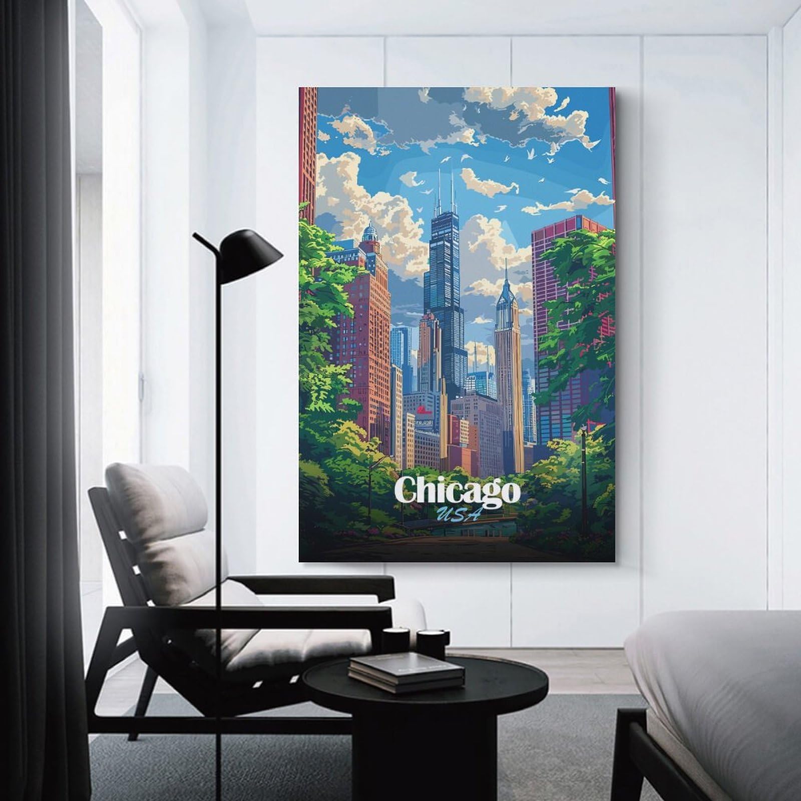 Junmoney Chicago Skyline Illustration Canvas Wall Decor 20x30inch(50x75cm), for Calm Bedrooms, Home Corners Or Flats, An Easy Wall Refresh for Bedrooms