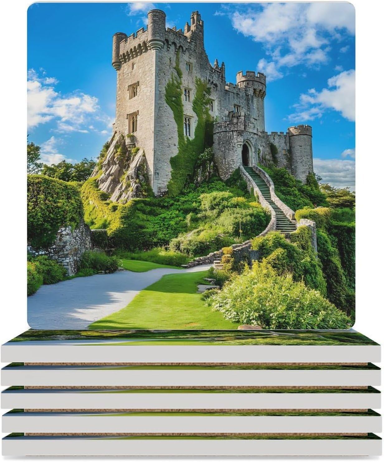 Blarney Castle County Cork Ireland Coasters for Drinks Square Ceramic Coasters Cup Mats with Cork Base