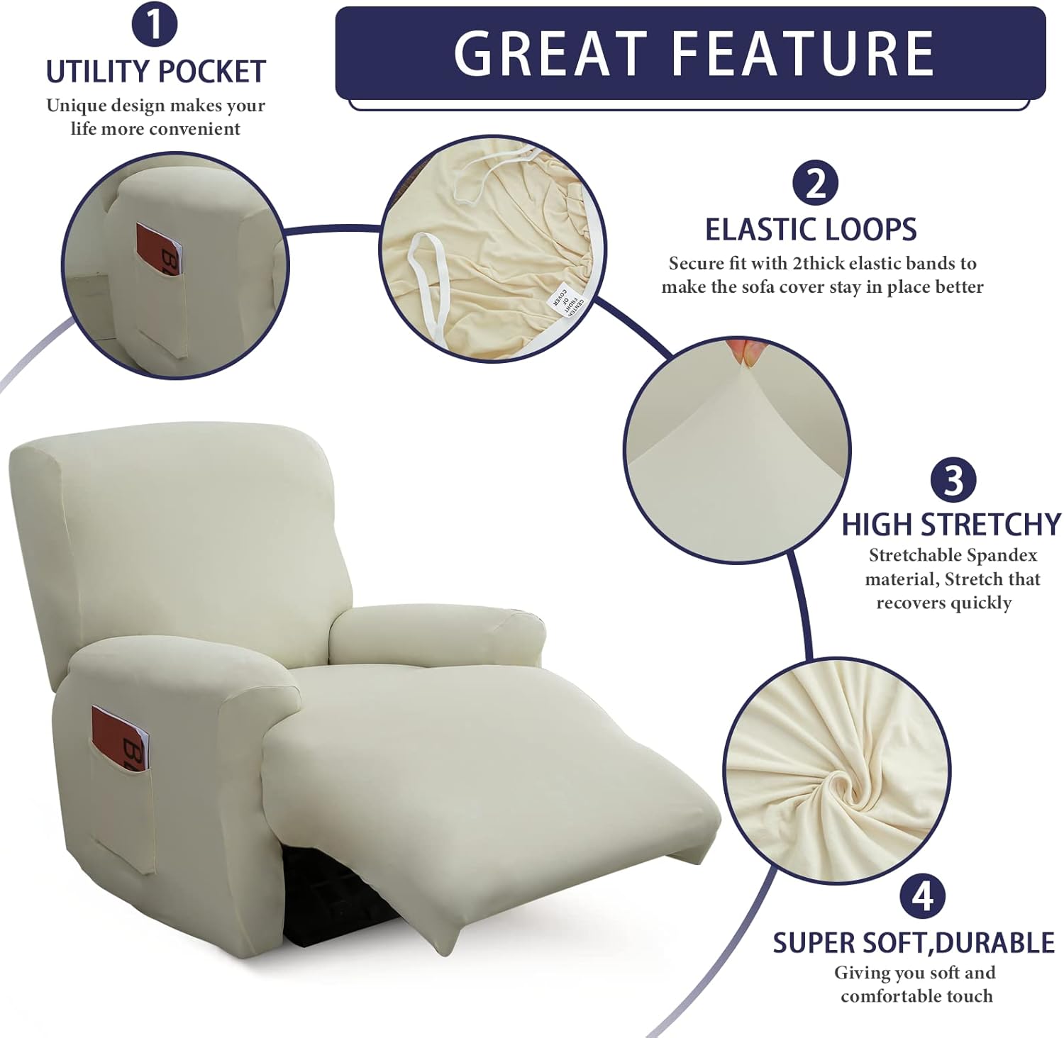 Iauddy Recliner Slipcover-Stretch Soft Slip Reclining Chair Slipcovers 4-Pieces Furniture Protector for Recliner with Pocket Fitted Sofa Couch Cover Lazy Boy Chair Cover(Beige)
