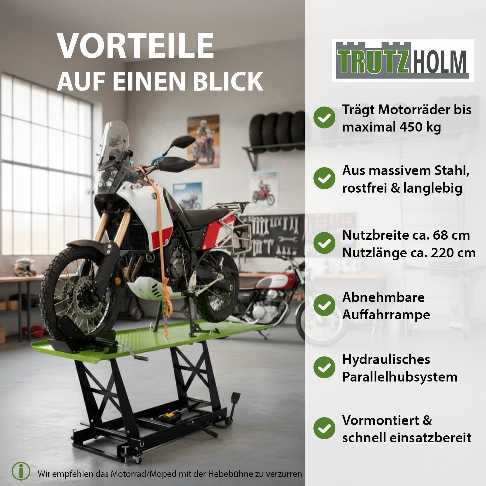 TRUTZHOLM Motorradhebebühne hydraulisch Tragkraft 450 kg Motorradheber Extra-Breit 68 cm Hubbereich 20-84 cm abnehmbare Auffahrrampe 4 Halteösen 45° Vorderradklemmung Parallelheber Hebebühne (Grün)
