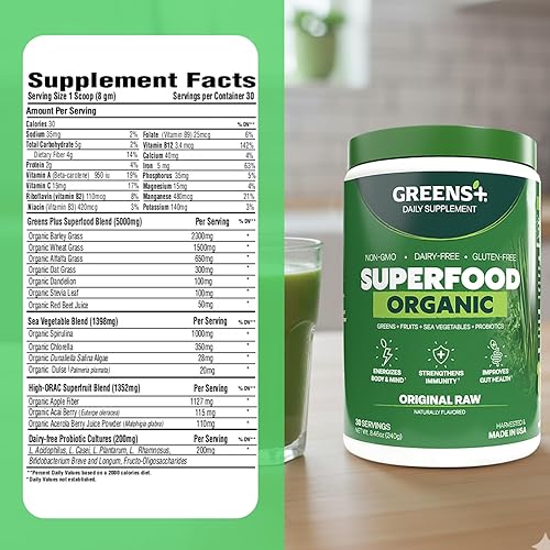 Miniatura 7 de Greens+ Superalimento en polvo orgánico RAW, apoyo inmunológico súper mezcla, patada matutina, impulso de energía, nutrición vibrante salud,