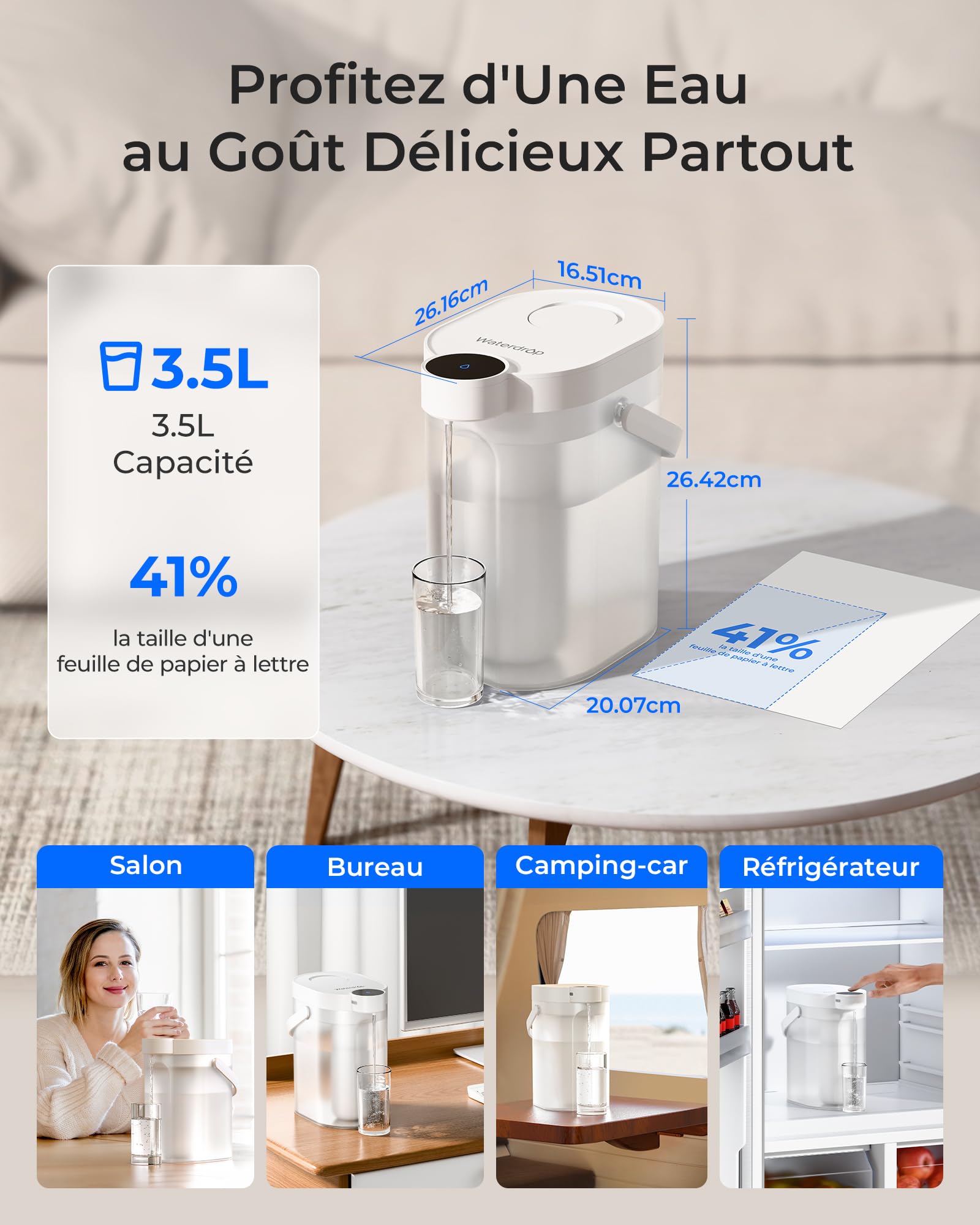 Waterdrop WD-ED11W Rechargeable Adoucisseur Filtre à Eau Distributeur, 3,5L Filtre Anti-Calcaire 3 Mois Sans Installation，Réduit Calcium/Magnésium +70 Polluants