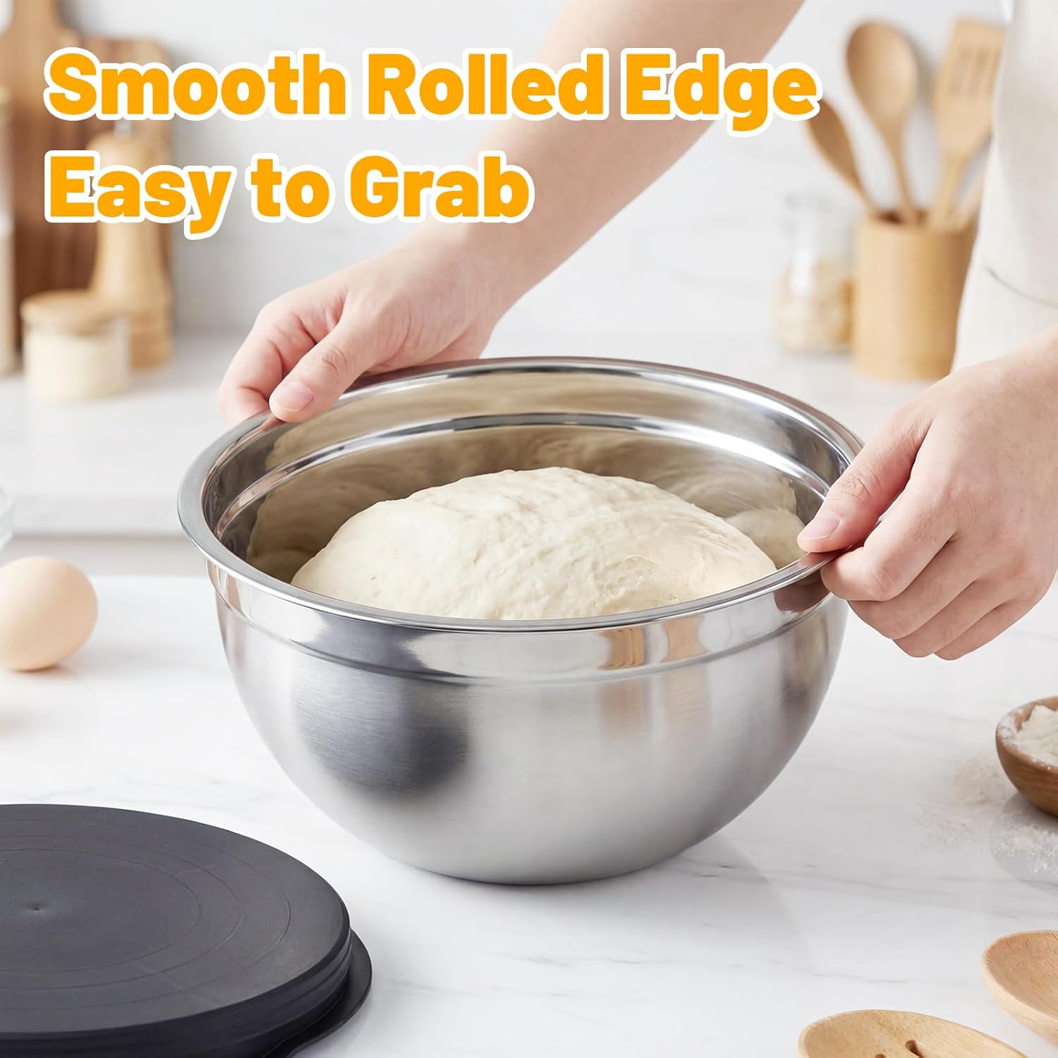 Beasea Mixing Bowls Set of 5, 3.4 QT Unbreakable Stainless Steel Mixing Bowls with Lids for Kitchen, Prepping, Food Serving, Storing, Nesting Metal Baking Bowl with Lid for Bread Dough, Cream, Batter