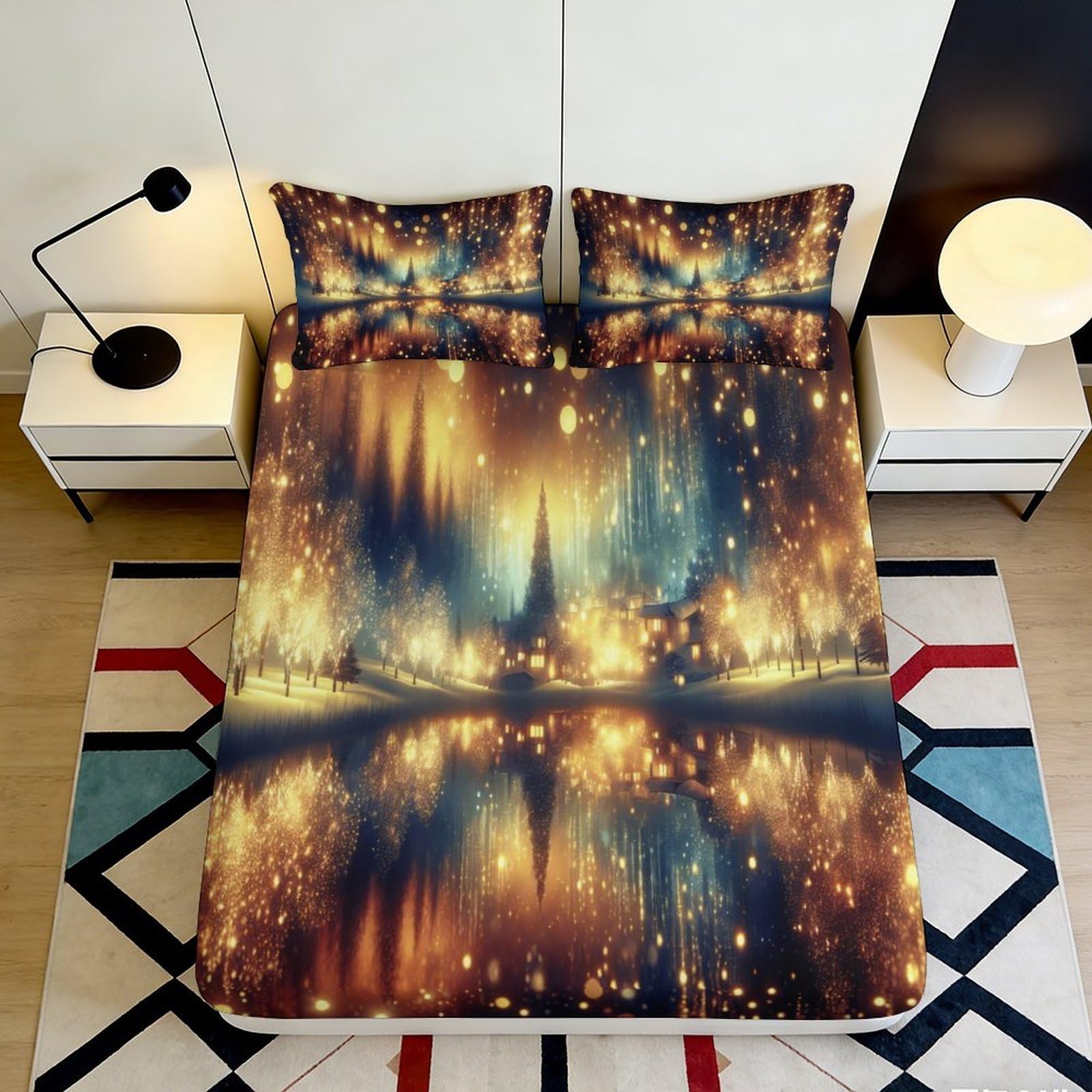 3D Printed Dreamy Night Forest Fitted Sheet Microfiber Soft Breathable Golden Lights Mattress Cover for Bedroom Dorm Decor 120x200x25cm