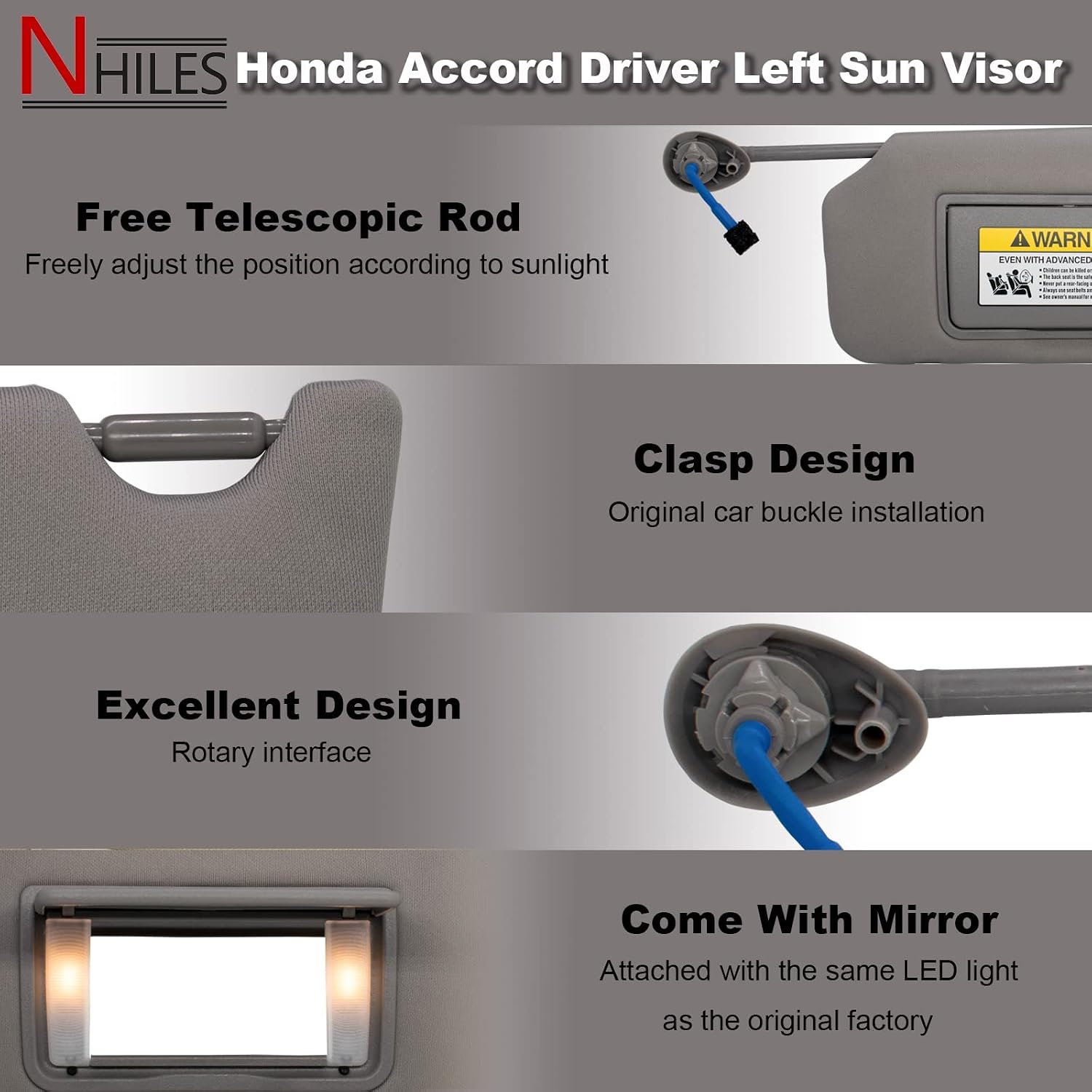 Left Driver Side Sun Visor Compatible with Honda Accord 2008 2009 2010 2011 2012 2013 2014 2015 2016 2017 with Light OEM : 83280-TA5-A51ZA (Grey)