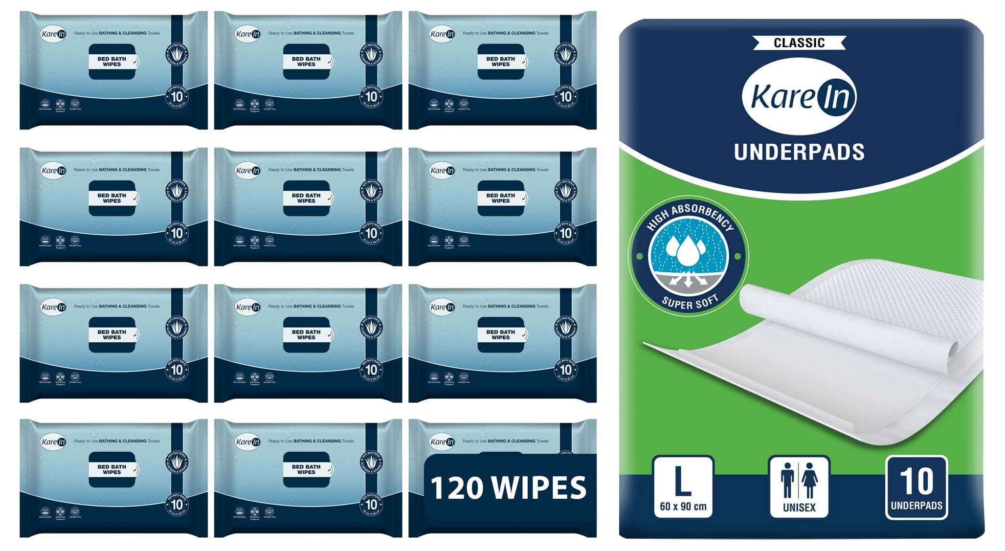 KareIn Bed Bath Wipes, Adult Wet Wipes, 120 Wipes, Pack of 12 & KareIn Classic Underpads, Large, 60 x 90 Cm, Superior Absorbency, Leak Proof, Pack of 1, 10 Count COMBO (B0CHLY6863) Amazon Price History, Amazon Price Tracker