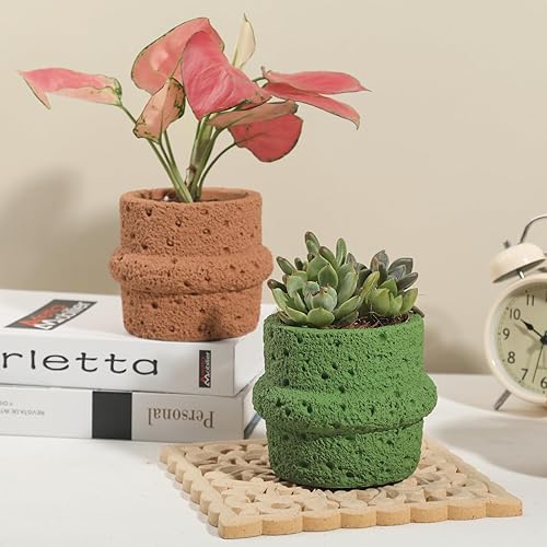 Miniatura 8 de Maceta de cemento para suculentas, plantas de serpiente, maceta estilo piedra de lava con orificio de drenaje, paquete de 2 macetas de aloe de