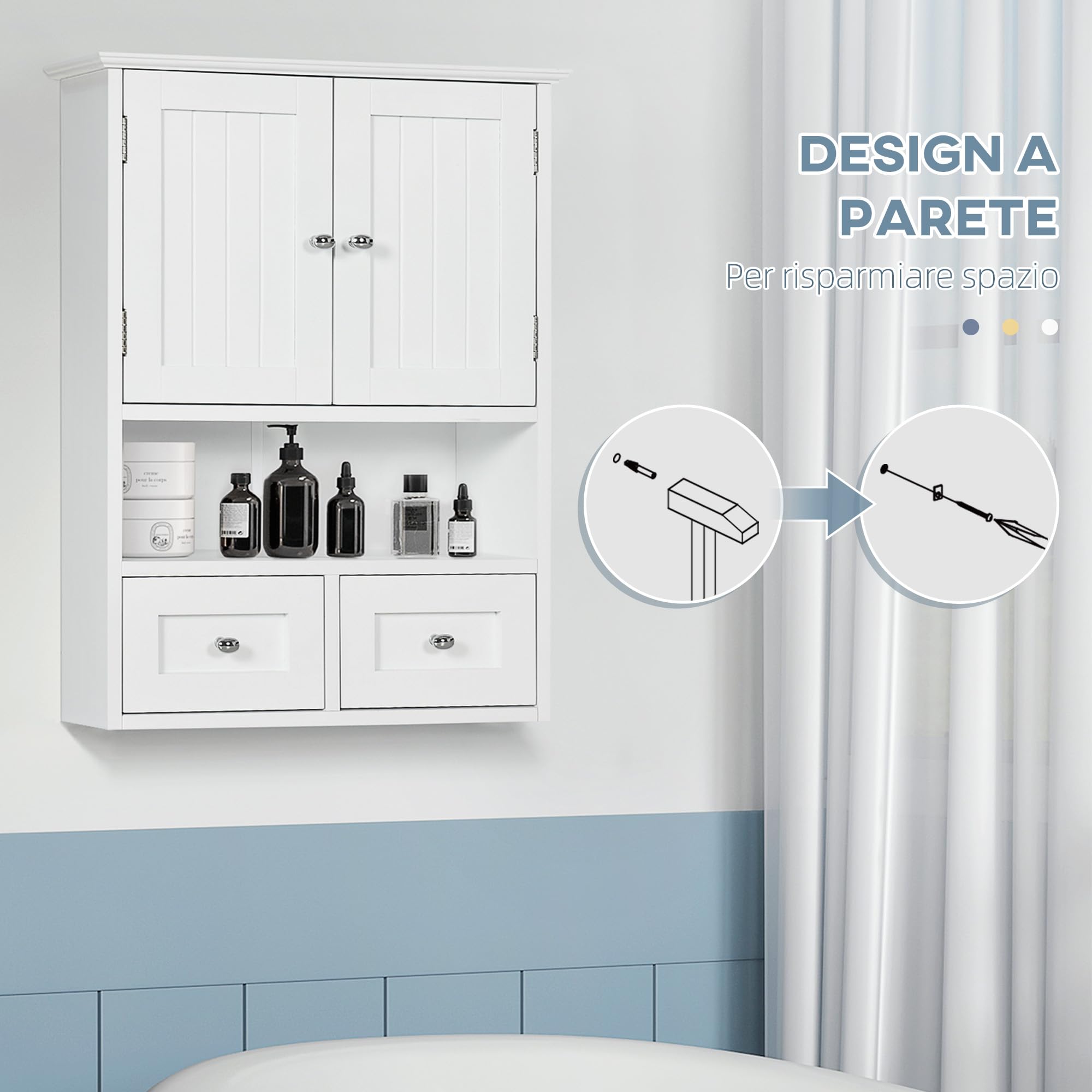 kleankin Armadietto Pensile Bagno a 2 Ante con Ripiano Aperto e 2 Cassetti, Mobiletto Multiuso per Cucina, Ingresso e Soggiorno, Bianco
