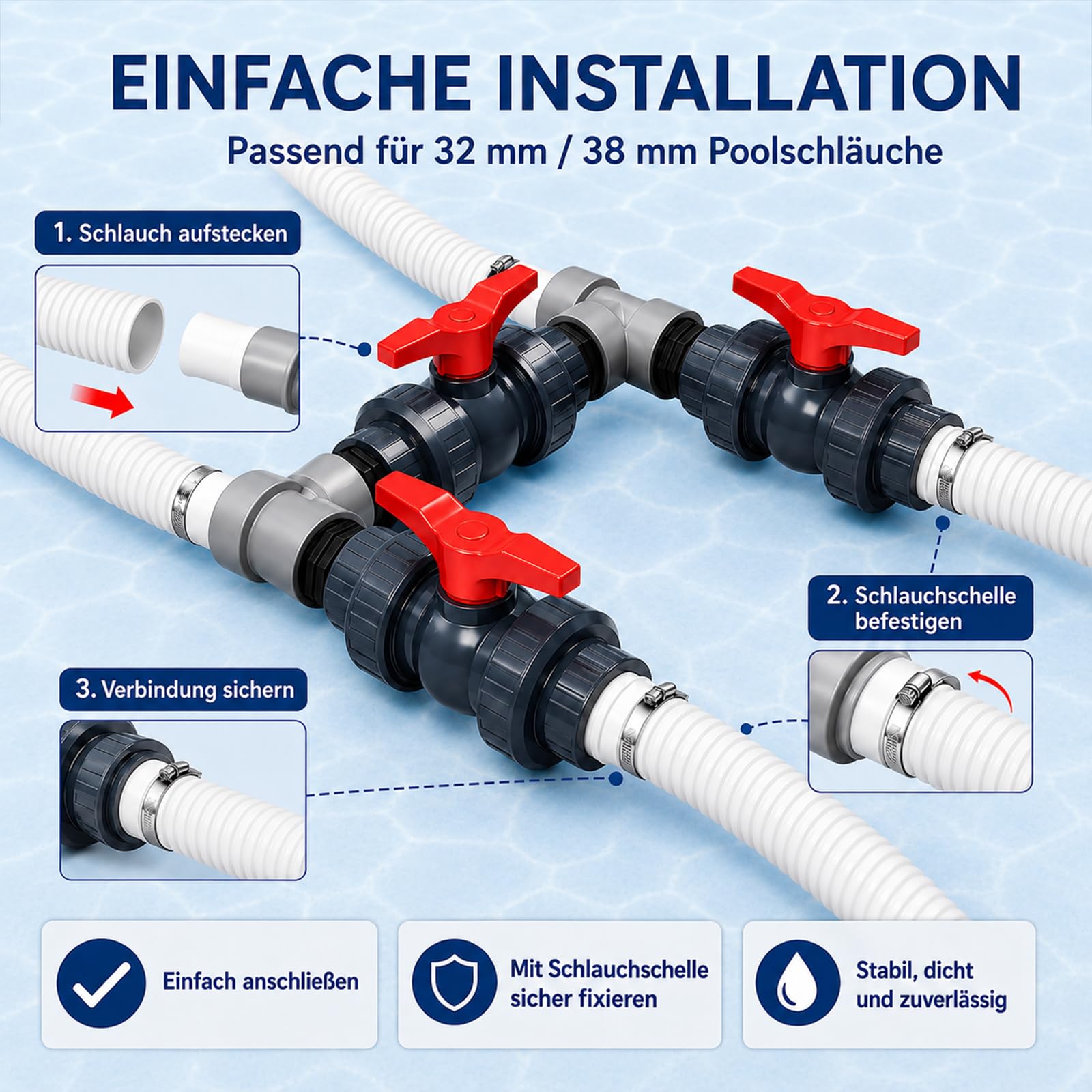 Bypass Pool Set Ø 50 mm – Pool Bypass Set für Poolwärmerpumpe & Pool Heizung, Wärmepumpen Anschluss-Set zur präzisen Steuerung der Wasserzufuhr und optimalen Temperaturregulierung