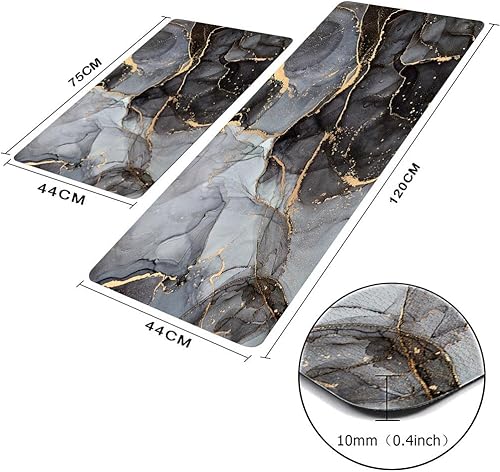 Miniatura 2 de Bisead Juego de 2 alfombras y tapetes de cocina de mármol negro y gris antifatiga de cuero de PVC antideslizantes impermeables cómodas para