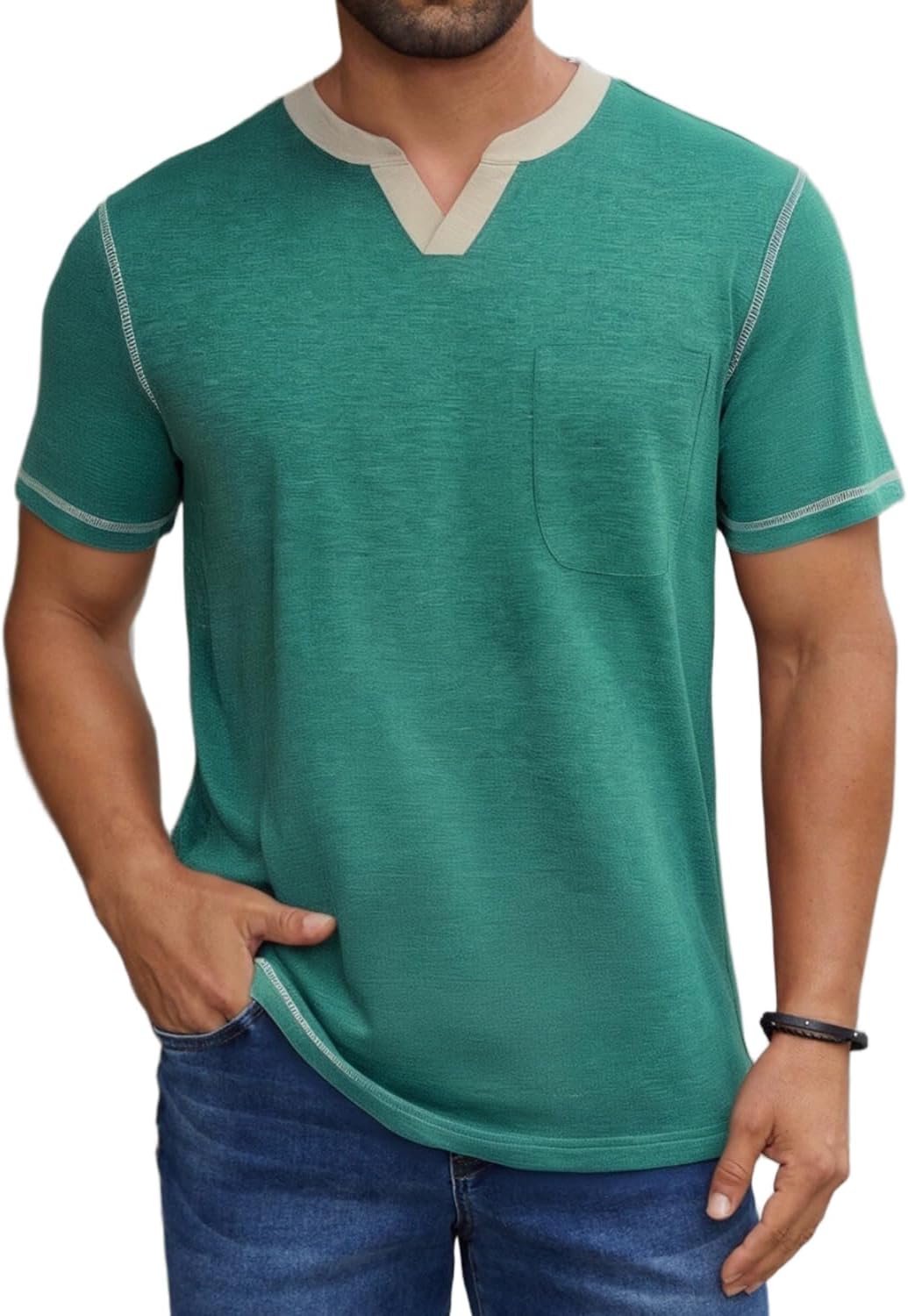 LuxMania Men's Casual Henley Shirt Short Sleeve Summer V Neck Solid T-Shirt Tops Whith Pocket