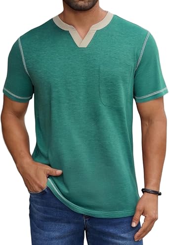 Mens Fashion Short Sleeve Summer V Neck T-Shirt Tops Whith Pocket