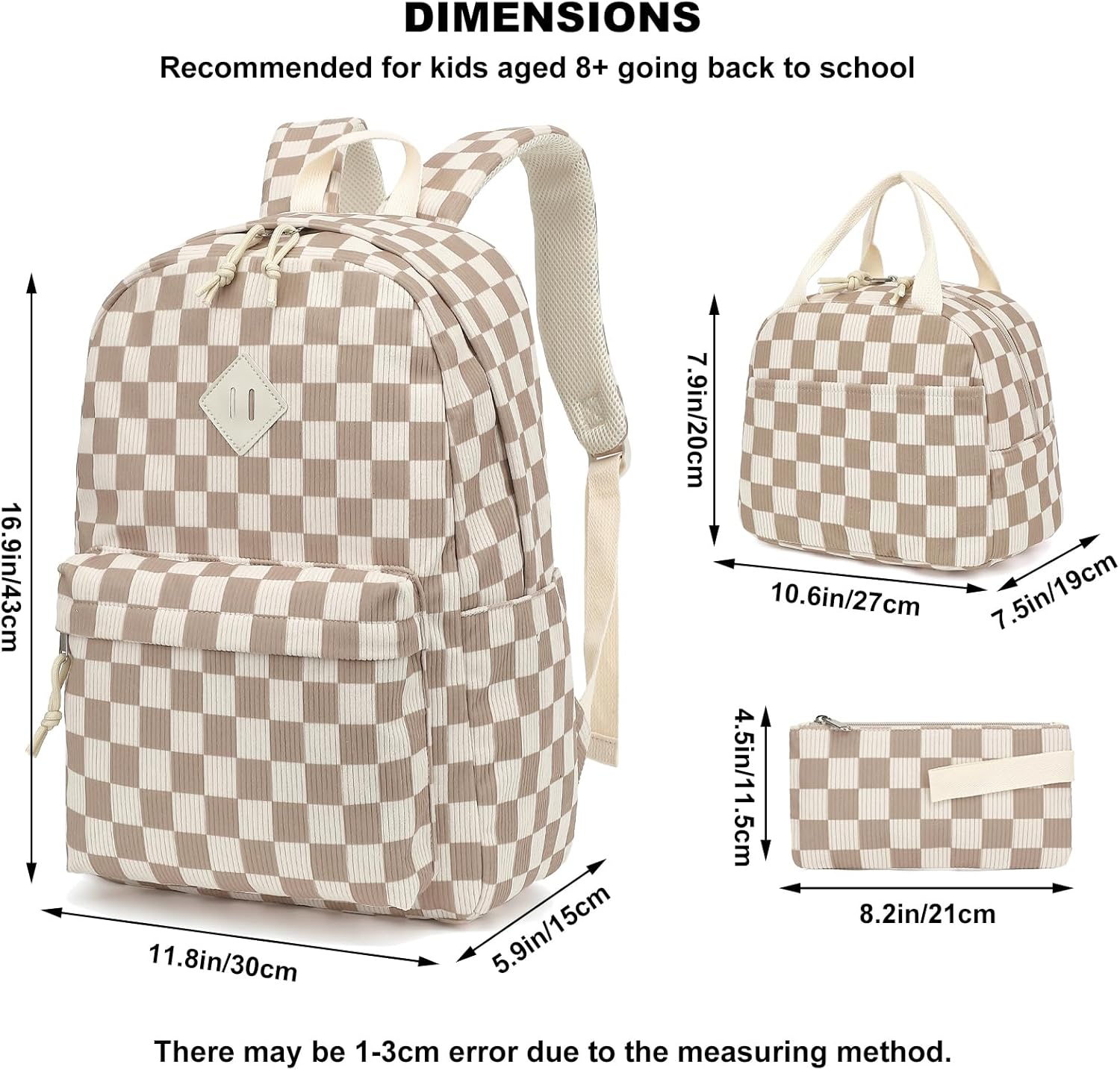 School Backpack for Girls - Girls Backpack with Lunch Box Pencil Case for Teen Kids Elementary Middle Bookbag (Corduroy Checkered Brown)