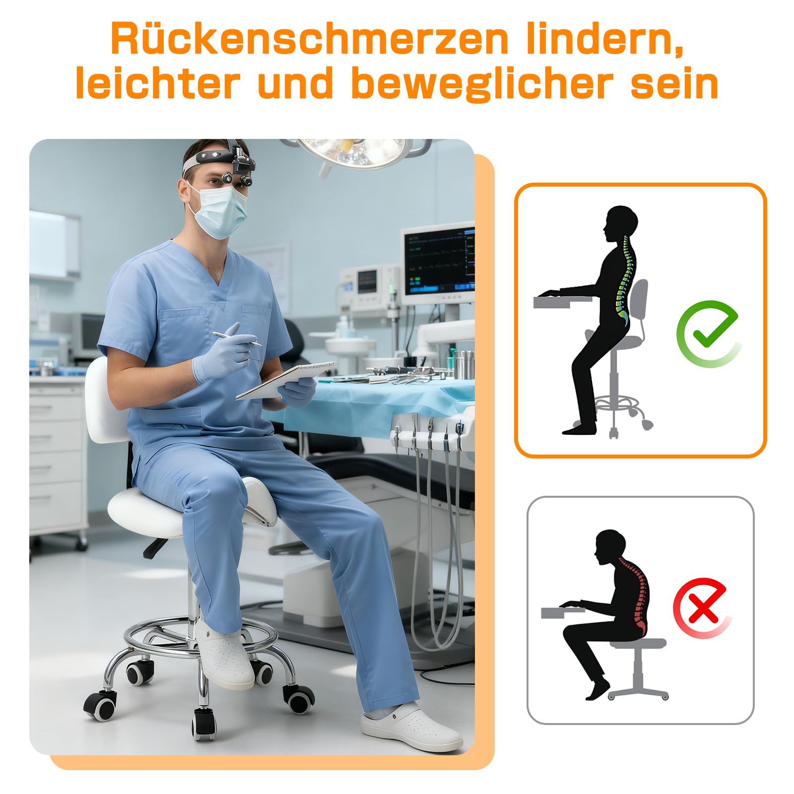 Sattelhocker mit Lehne – 360° drehbarer Hocker mit Rollen und verstellbarer Fußstütze | Sattelhocker mit Rollen höhenverstellbar 49-61 cm | Ideal für Büro, Salon und Kosmetik als Rollhocker (Weiß)