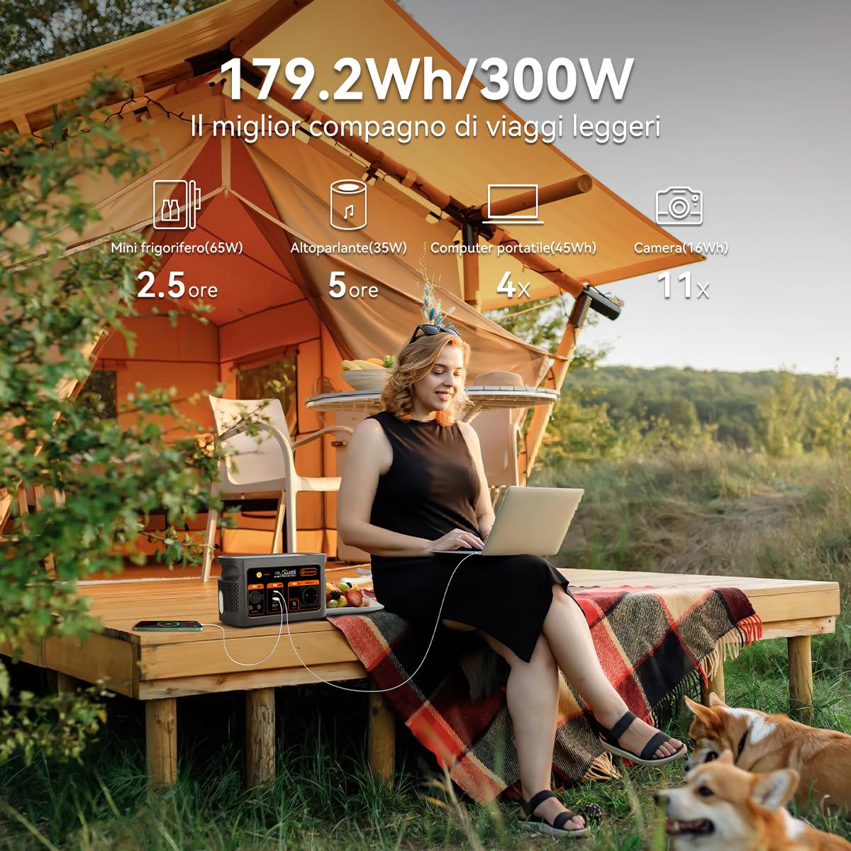 FlashFish E103 Power Station portatile 300 W con batteria LiFePO4 da 179,2 Wh (3000 cicli), ricarica rapida 0-80% in 1 ora e 230 V AC, generatore solare multifunzione per campeggio, esterni, viaggi