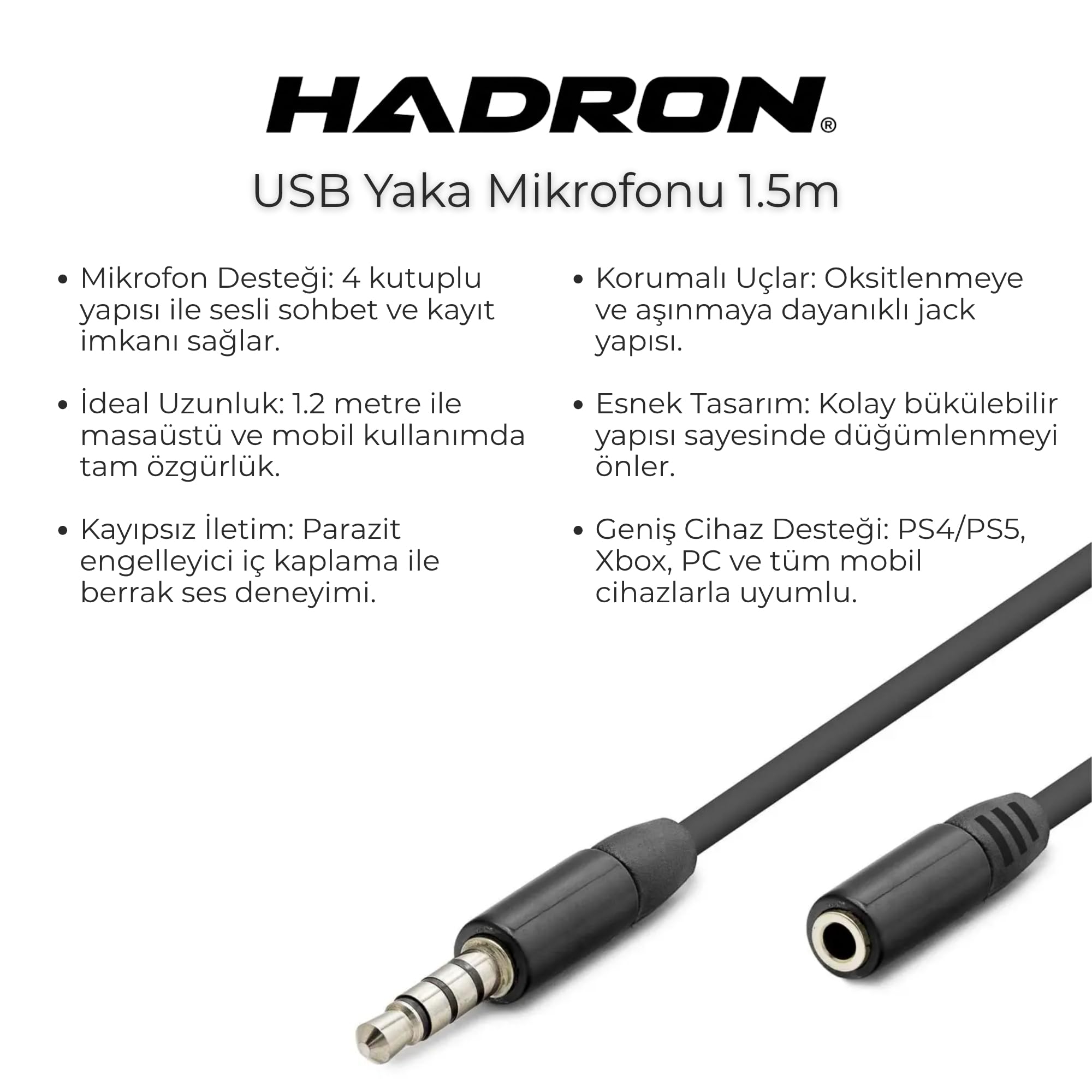 Hadron HDX1012 3.5mm TRRS 4 Kutuplu AUX Uzatma Kablosu 1.2 Metre, Mikrofon ve Ses Destekli Kulaklık Uzatıcı - Oyun Konsolu, Laptop ve Telefon Uyumlu (Siyah)