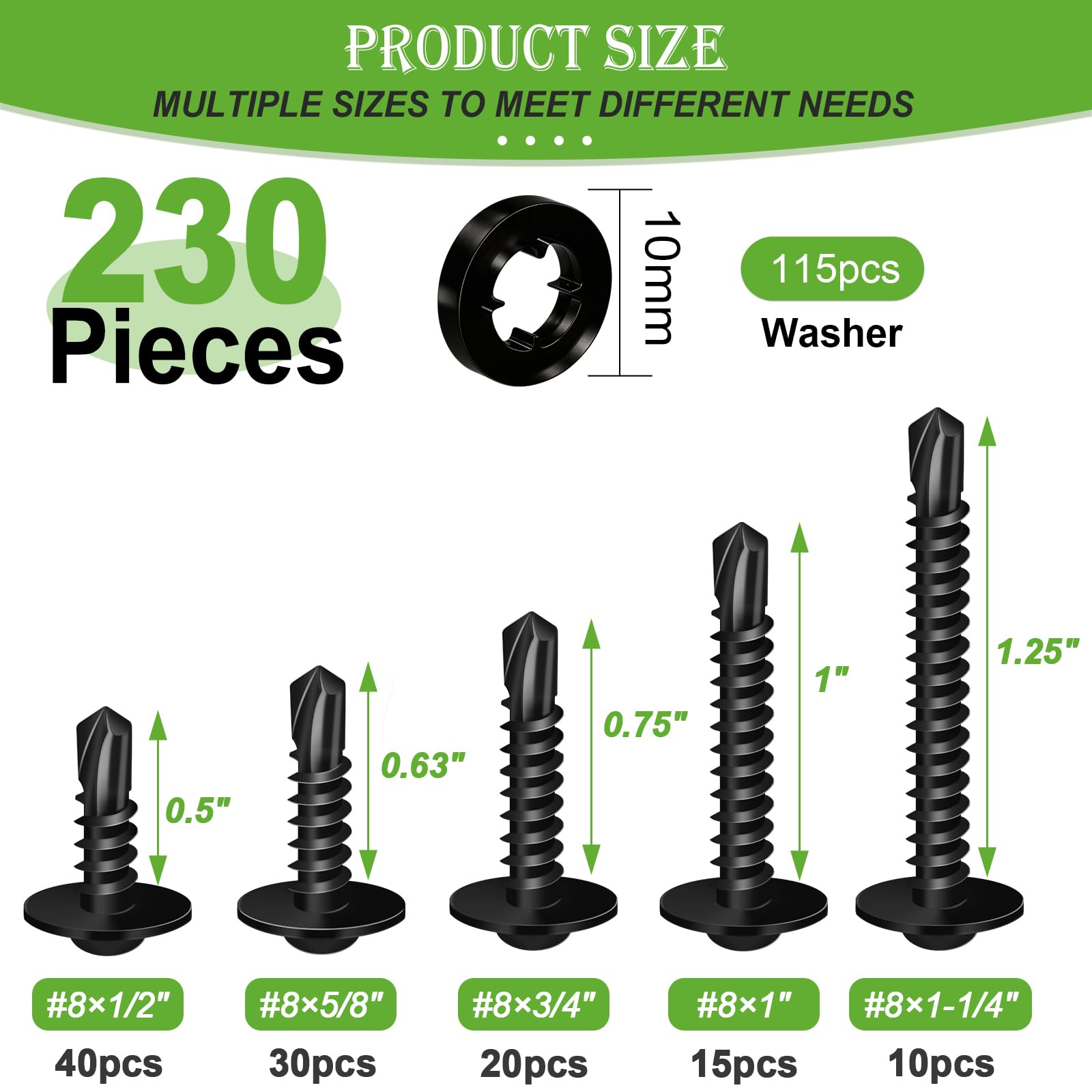 mxuteuk 230PCS #8 Self Tapping Screws for Metal,410 Stainless Steel Self Drilling Screws,1/2",5/8",3/4",1",1-1/4" Truss Head Sheet Metal Screws with Rubber Washers for Metal,Plastic,Wood(115pcs Sets) — Amazon image 2