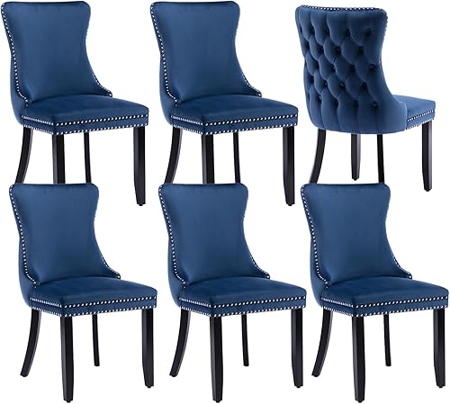 Miniatura 69 de Juego de 4 sillas de comedor de terciopelo negro, sillas de comedor tapizadas con respaldo copetudo con patas de madera maciza, sillas de comedor