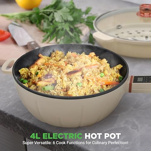 Miniatura 2 de Nutrichef Sartén eléctrica de 4L y vaporizador de 4 L, olla antiadherente multifuncional portátil de 1000 W para cocinar, mango duradero seguro para