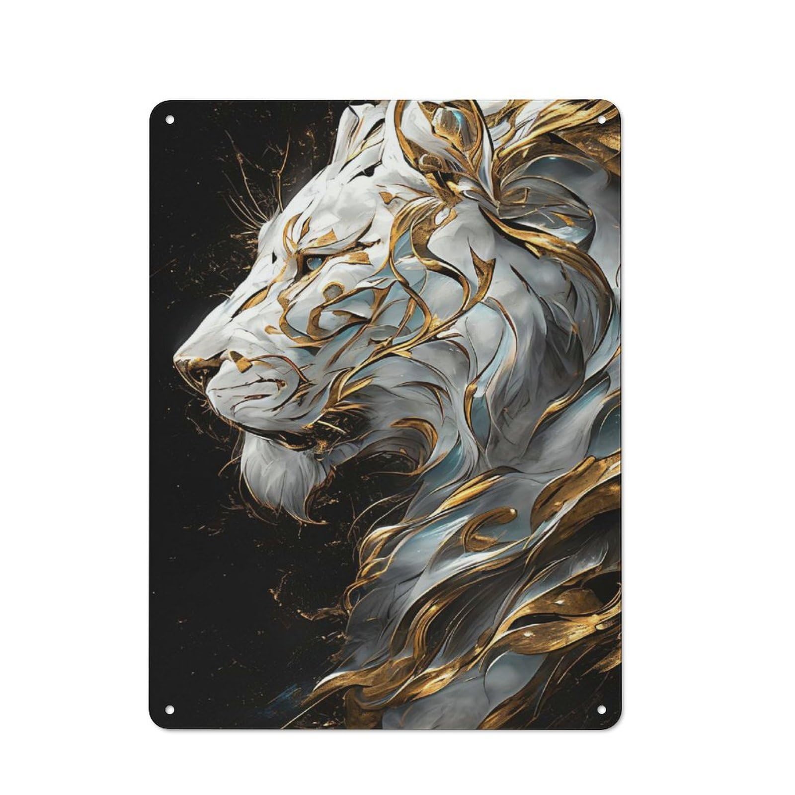 Majestic White Lion with Gold Embellishments Workshop Style Metal Wall Decor 40x30cm, Decorative Metal Plaque for Garage, Workshop, Shed Or Utility Room