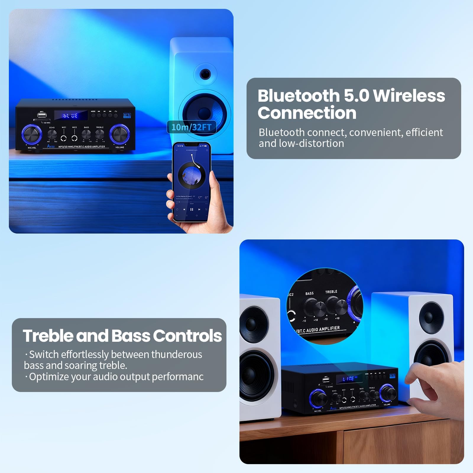 AK50 - Amplificador Hi-Fi con Bluetooth RMS 60WX2 - Amplificador de audio estéreo | Receptor de 2.0 canales, máx. 400 W, amplificador de altavoz con radio FM, eco, micrófono, USB, entrada SD para el hogar