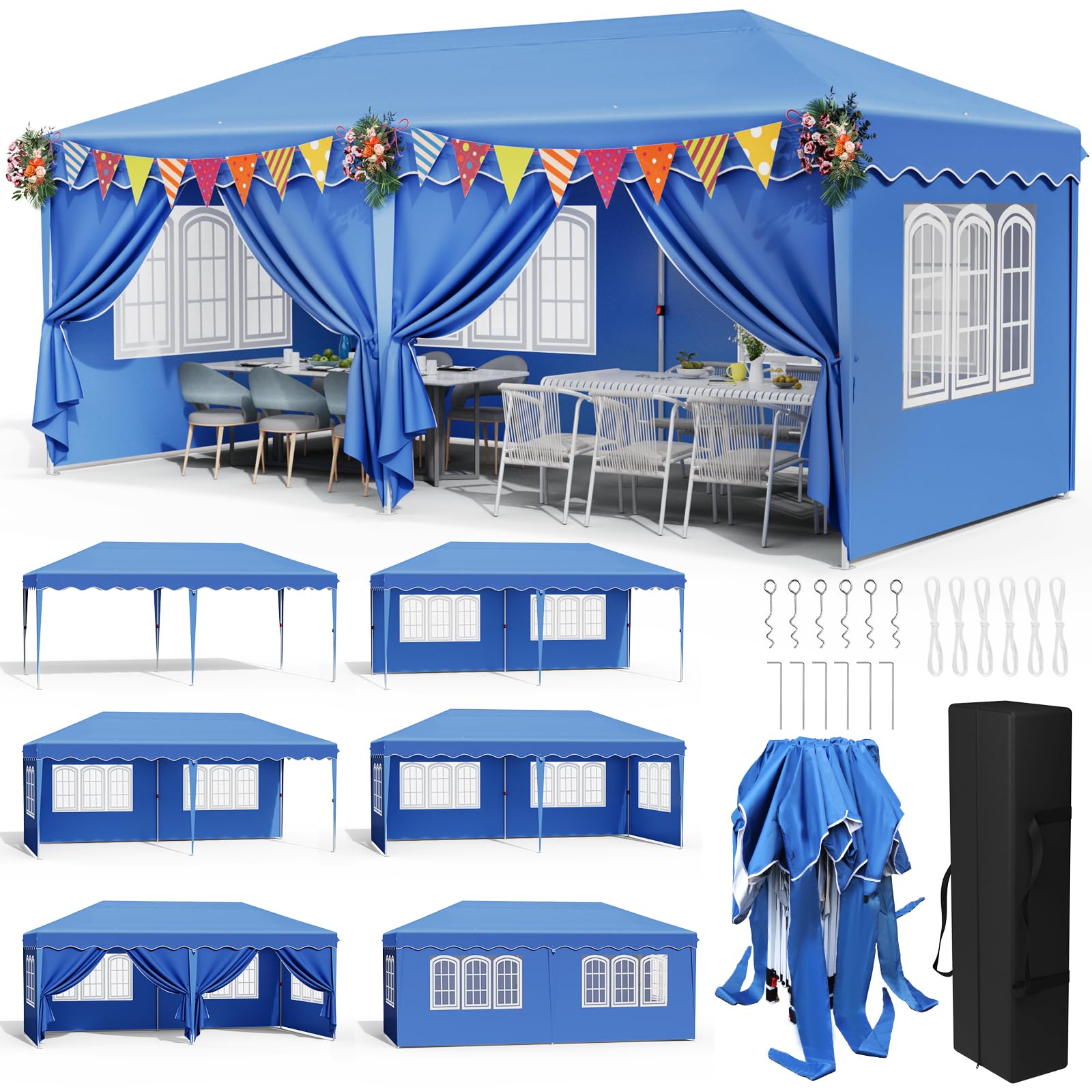 Pop up Gazebo 3x6m, Waterproof 420D Oxford Tent with 6 Removable Sidewalls & Windows, Adjustable Height (250-270cm), UV 50+ Protection, Sturdy Steel Frame for Garden, Parties, Markets