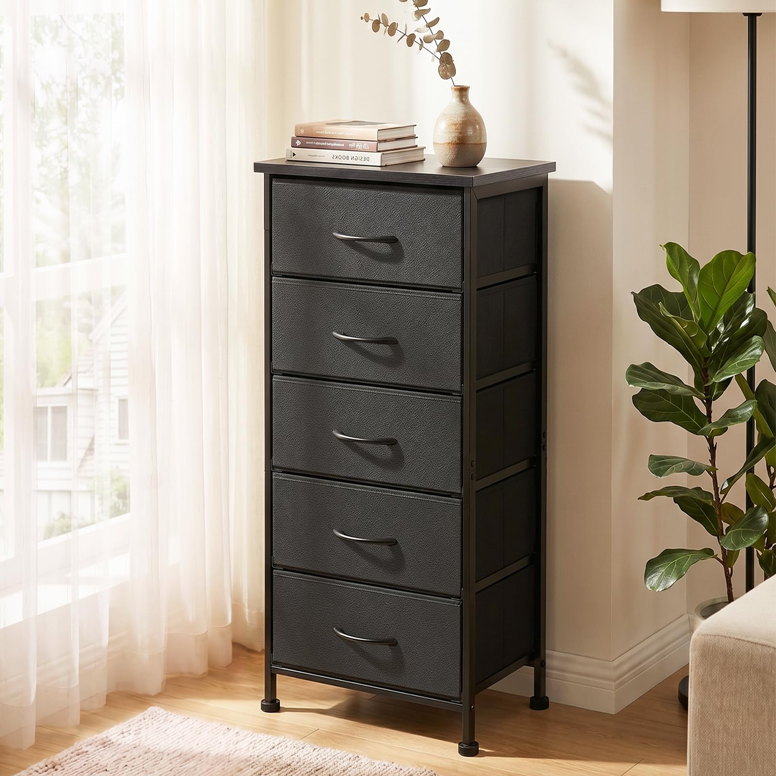 Fixwal Black Tall Skinny Dresser for Bedroom, Narrow Storage Dresser Organizer with 5 Fabric Drawers, Nightstand Furniture in Closet, Entryway, Hallway : Home & Kitchen