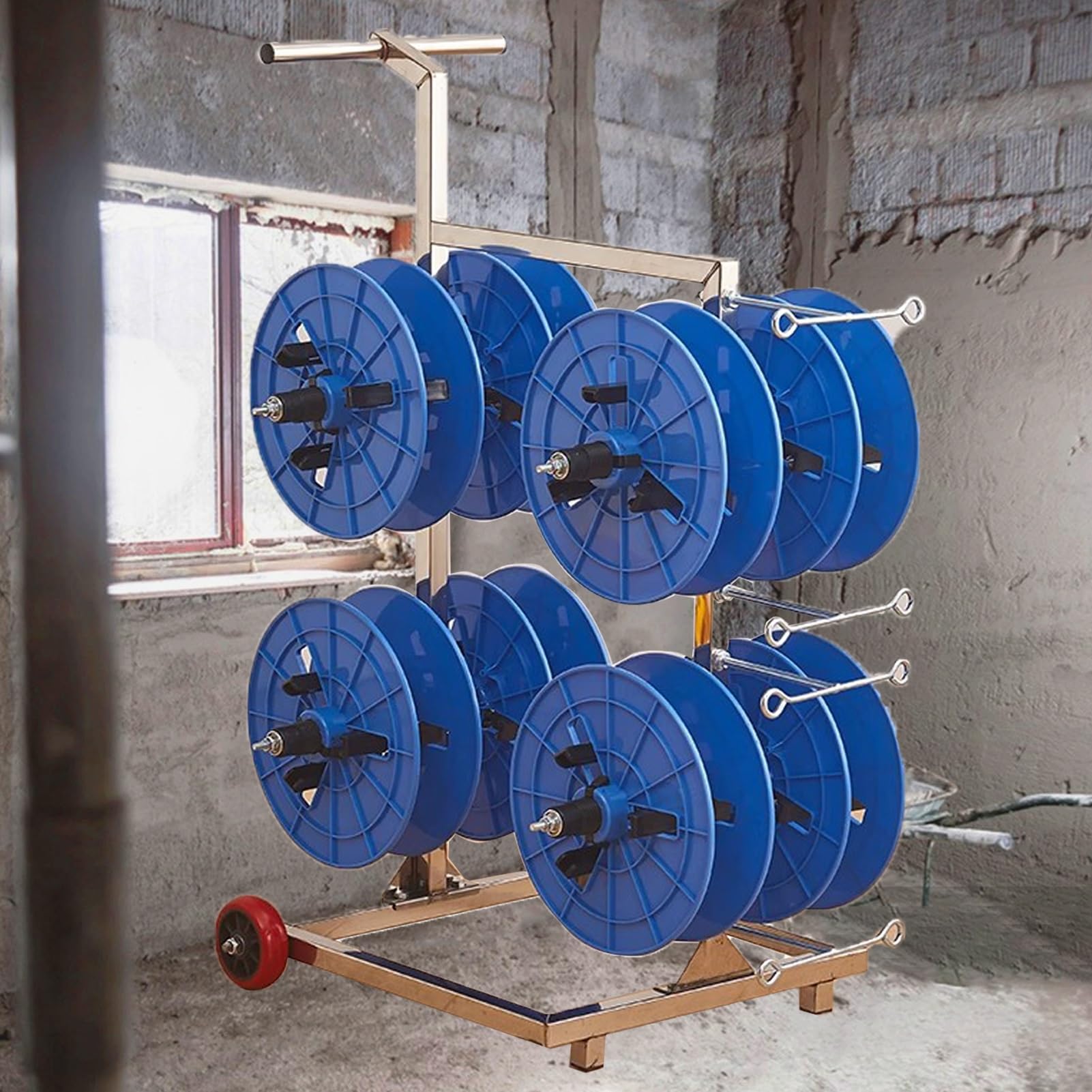 Soporte para carretes de cable industrial móvil organizador con ruedas azul