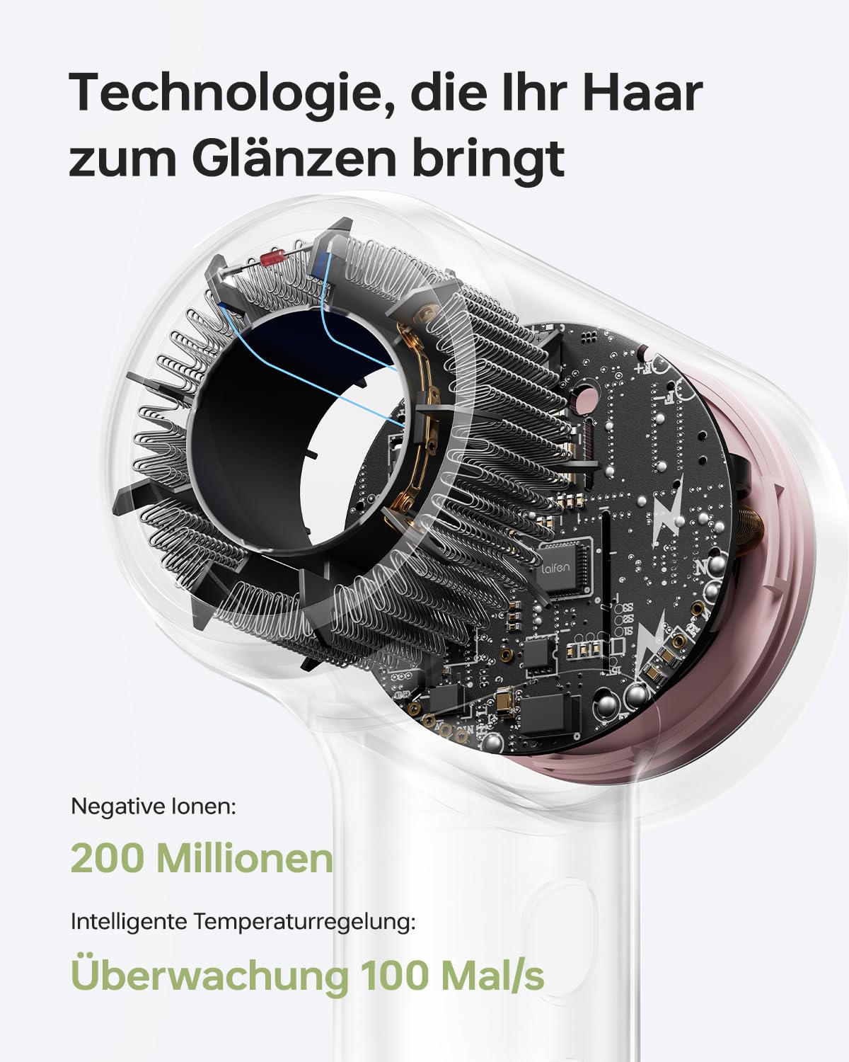 Laifen Mini Haartrockner, 110.000 U/min leistungsstarker Motor mit 200 Millionen Negativ-Ionen, 299 g leicht & 61 dB leise, Kindermodus für sanftes Trocknen, schnelltrocknend, Reiseföhn (Milchrosa)