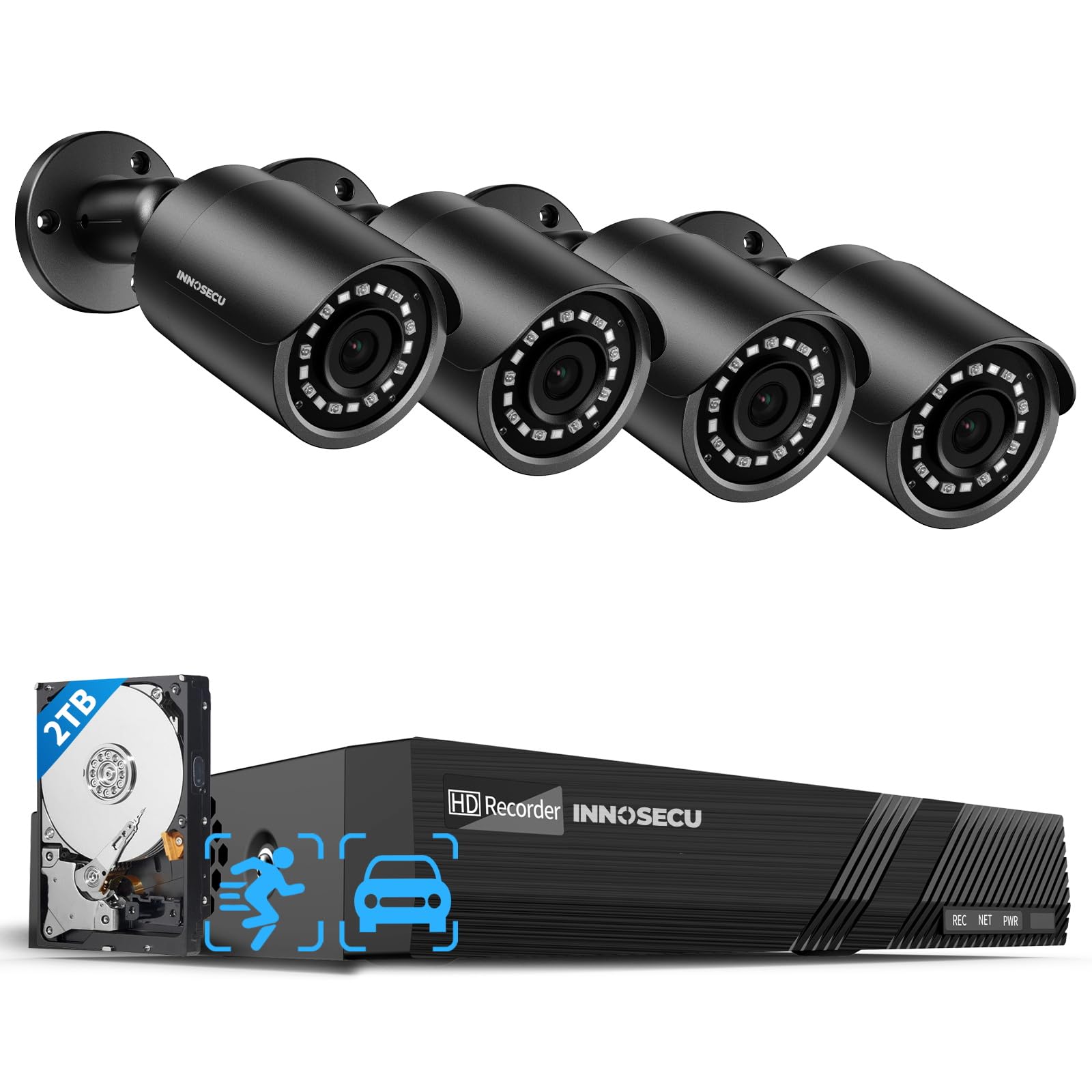 INNOSECU 4MP Outdoor IP Security Cameras (4× INB4FR37F-B) Bundled with an 8CH PoE NVR with 2TB HDD (IN-NVR8P2TC) Form a Plug-and-Play PoE Camera Security System Featuring AI Detection