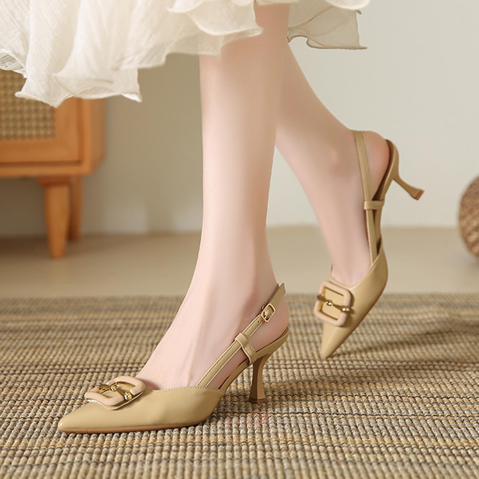 Damen Slingpumps Elegant Kitten Heel Schnall Blockabsatz Sandalen Pointed Toe Schuh 7cm Lässig Büroschuhe Dress Schuhe